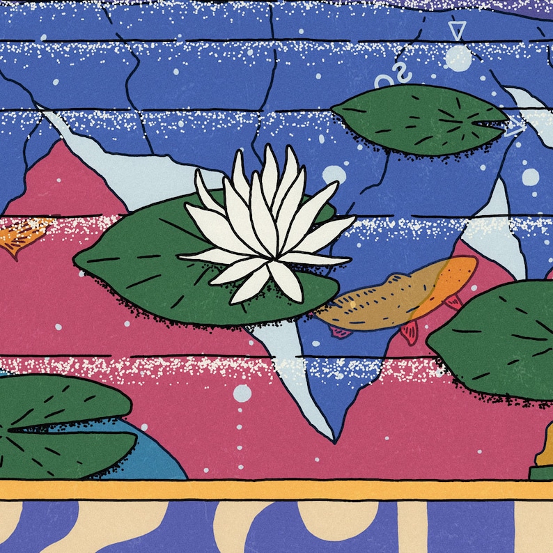 May include: A stylized illustration of a pond with a white water lily, green lily pads, and orange fish swimming in the water. The background is a blue and pink abstract design.