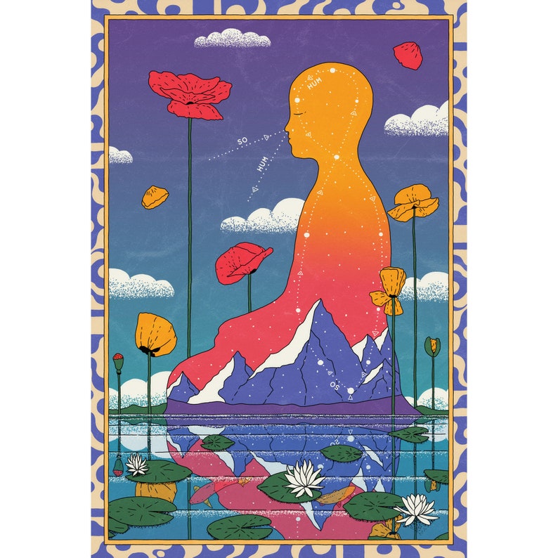 May include: A colorful illustration of a person meditating in a lotus position, surrounded by flowers and mountains. The person is made up of a gradient of orange and yellow, with a starry sky inside. The background is a gradient of purple and blue, with clouds and flowers.