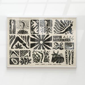 May include: Black and white illustration of a yoga sequence called Surya Namaskara. The illustration is divided into 16 squares, each depicting a different pose. The text "Surya Namaskara" is written in the center of the illustration. The text "Exhale", "Inhale", "Retain", and "Point of Focus" are written at the bottom of the illustration.