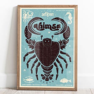 Ahimsa Poster – Yamas & Niyamas Series. Light blue variant. Yoga Sutras of Patanjali. Cruelty Free Art. Gift for Vegan or Animals Friends