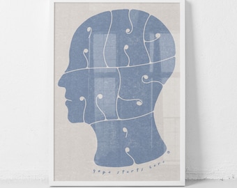 Ahimsa Mind - Yoga Starts Here. Non-Harm poster. Non-violence wall decor. Blue and grey variant