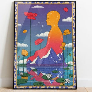 May include: A colorful illustration of a person meditating in a lotus position, surrounded by mountains, flowers, and water. The person is outlined with a dotted line and has a gradient of orange and red. The background is a gradient of purple and blue with clouds. The image has the words "HUM", "SO", and "HUM" written on it.