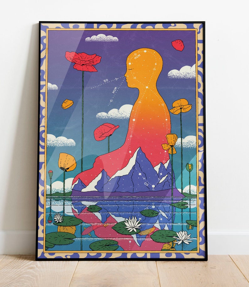 May include: A colorful illustration of a person meditating in a lotus position, surrounded by mountains, flowers, and water. The person is outlined with a dotted line and has a gradient of orange and red. The background is a gradient of purple and blue with clouds. The image has the words "HUM", "SO", and "HUM" written on it.