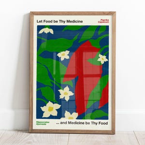 Può includere: Un poster incorniciato con sfondo blu e un design astratto rosso, verde e bianco. Il testo "Let Food be Thy Medicine" e "...and Medicine be Thy Food" è stampato sul poster. Le parole "Paprika Capsicum", "Ippocrate" e "Ayurveda" sono anche stampate sul poster.