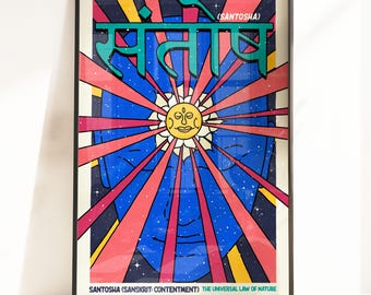 Può includere: Un poster colorato con un viso blu e un sole giallo con un viso al centro. Il poster ha la parola "Santosha" in testo verde e le parole "(SANTOSHA) THE UNIVERSAL LAW OF NATURE" in testo nero.
