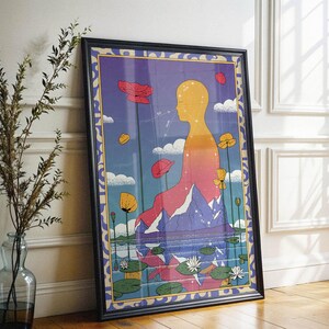 May include: A framed illustration of a person sitting on a mountain with a blue, purple, and pink gradient background. The person is yellow and has a blue sky behind them. There are flowers and leaves in the foreground.