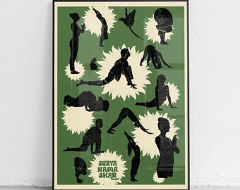 Surya Namaskara Poster | Minimalist Yoga Wall Art Design | Custom Colours & Sizes | Physical Print | Green Forest Variant