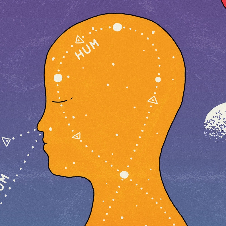May include: A side profile illustration of a person's head with a yellow skin tone and white dots and triangles on the face. The word "HUM" is written on the forehead. The background is a purple gradient.