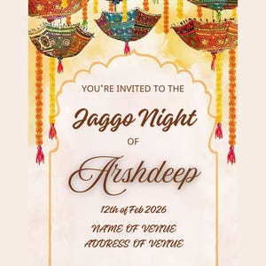 Puede incluir: Tarjeta de invitación crema con sombrillas decorativas coloridas y guirnaldas florales. El texto dice "YOU'RE INVITED TO THE Jaggo Night OF Arshdeep" con la fecha "12th of Feb 2026".