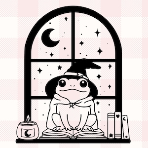 Frosch Fenster Bücherregal Grafik | Geschenk für Bücherwurm, Pflanzenliebhaber, Leseratte | Gruseliger süßer himmlischer Witchy Halloween-Bücherregal-Svg Png Dxf Schnitt