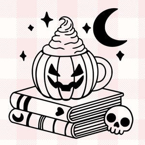May include: Black and white Halloween graphic featuring a pumpkin-shaped mug with whipped cream on top of two books. A crescent moon, stars, and a skull are also included. The image also includes the text "SVG", "PNG", "JPG", and "DXF".