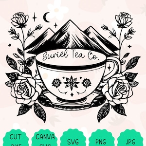 Suriel Tea Co Graphic | Boekenachtig cadeau voor boekenwurmen, cadeau fantasielezers | Rozen theekopje bergen, ACOTAR geïnspireerd lezen van Svg, Png, Dxf Cut
