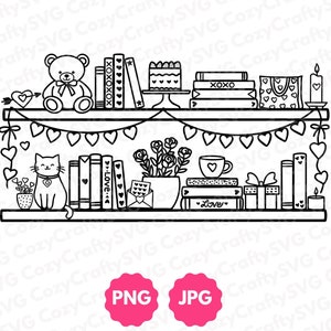 May include: A black and white illustration of a bookshelf with a teddy bear, a cat, books, a cake, a cup of coffee, a gift box, and candles. The bookshelf is decorated with a string of hearts.