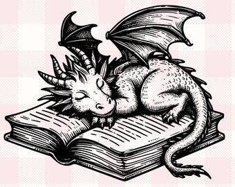 Cottagecore Book Dragon Graphic | Gift for Bookworms, Fantasy Readers Gift | Trendy Cute Bookish Sleeping Dragon Reader Svg Png Clipart