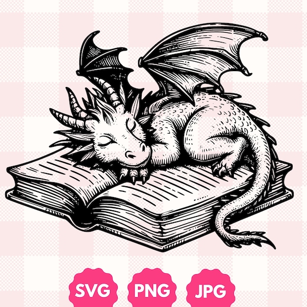 Cottagecore Book Dragon Graphic | Gift for Bookworms, Fantasy Readers Gift | Trendy Cute Bookish Sleeping Dragon Reader Svg Png Clipart