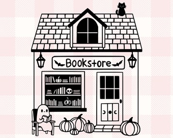 Ghost Reading Bookstore Graphic | Gift for Bookworm, Plant Lover, Book Reader | Spooky Haunted Halloween Pumpkin Bookshelf Svg Png Dxf Cut