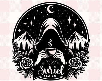 May include: Black and white illustration of a hooded figure holding a cup of tea in front of a mountain landscape with stars and a crescent moon. The text "Suriel Tea Co." is below the figure.