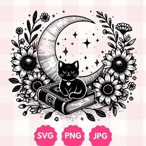 Graphique de livre de chat céleste | Cadeau mignon pour les rats de bibliothèque, les lecteurs de fantasy et les amoureux des chats | Tendance livresque lune bohème fleurs sauvages Svg, Png, Jpg