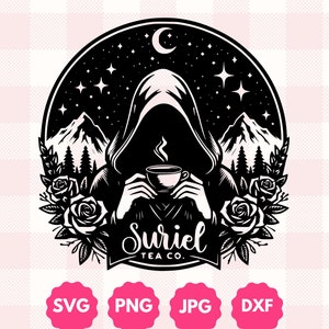 Regalo gráfico de Suriel Tea Co / Bookworm para lectores de fantasía, regalo para amantes de los libros, rosas celestiales, romance, montaña, taza de té, Svg, Png, Dxf, corte