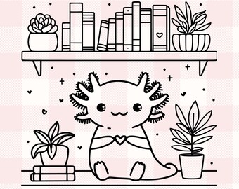 Kawaii Axolotl Bookshelf Gráfico / Lindo regalo para amantes de los animales, Regalo de ratones de biblioteca / Plantas Suculentas Libros Axolotl Svg, Png, Dxf Cut File