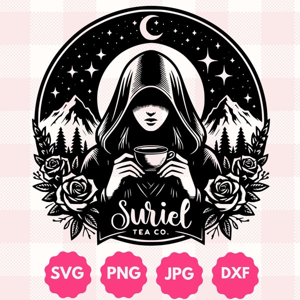 Suriel Tea Co Graphic | Gift for Bookworms, Fantasy Readers Gift, Bookish Celestial Boho Roses Teacup ACOTAR Inspired Svg Png Dxf Cut