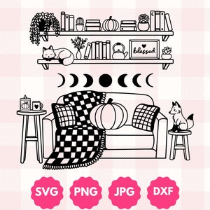 Graphisme de bibliothèque Cosy Fox | Cadeau pour rat de bibliothèque, amateur de plantes et lecteur | Lune d'automne céleste citrouille succulente TBR imprimable Svg Png Dxf coupe