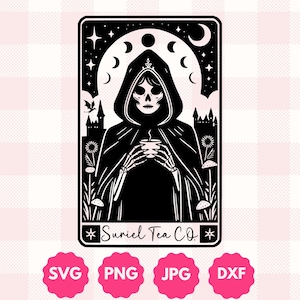Suriel Tea Co Skeleton Tarot-Grafik | Geschenk für Bücherwürmer, Fantasy-Leser Geschenk, mystischer Boho Bücherwurm Tarot Romantik Rosen geschnitten