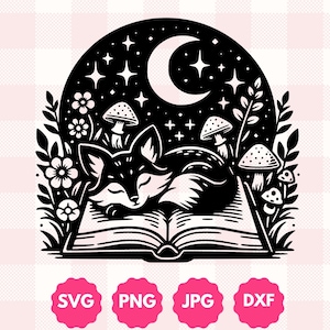 Grafica del libro Cottagecore Fox / Licenza commerciale / Regalo per gli amanti degli animali e topi di biblioteca, Regalo per i lettori / Lettura libresca alla moda Svg Png Dxf