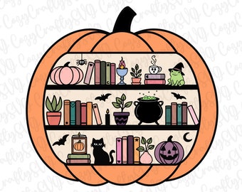 Pumpkin Bookshelf PNG | Gift for Bookworm, Plant Lover, Book Reader | Cute Moody Spooky Haunted Halloween Cat Cauldron Bookshelf Clipart