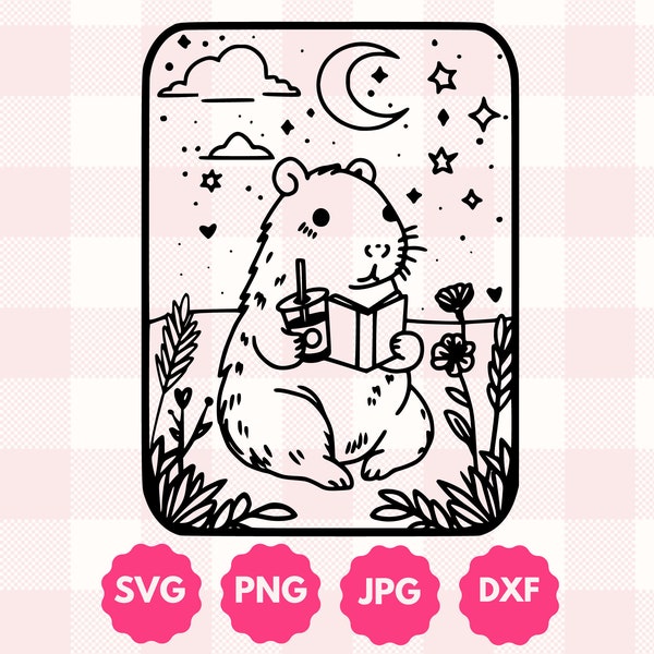 Iced Coffee Capybara Tarot Graphic | Cute Gift for Animal Lovers | Kawaii Celestial Boho Wildflowers Capybara Tarot Card Svg, Png, Dxf Cut