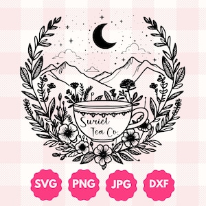 Suriel Tea Co Graphic | Cadeau voor boekenwurmen, Fantasy lezers cadeau, hemelse Boho wilde bloemen theekopje ACOTAR geïnspireerd Svg Png Dxf-bestand knippen
