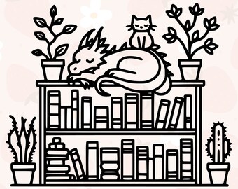 Bookshelf Dragon Graphic | Gift for Plant Lovers, Bookworms, & Fantasy Readers | Svg, Png, Dxf Cut File, Jpg | High Quality Instant Download