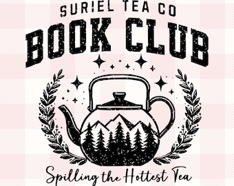 Suriel Tea Co Book Club Grafik | Trendiges Bücherwurm Geschenk für Bücherwürmer, Fantasy Leser Geschenk, Berg Himmlische Lesung Teekanne SVG Png Clipart