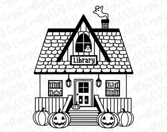 Ghost Library PNG | Gift for Bookworm, Plant Lover, Book Reader | Line Art Spooky Haunted Halloween Pumpkin Skull Bookshelf Graphic Clipart