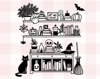 Spooky Halloween Bookshelf Graphic | Gift for Bookworms, Plant Lover, Reader | Cute Book Shelf Pumpkin Ghost Succulent Cat Svg Png Dxf Cut