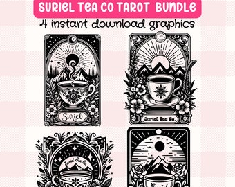 May include: Four black and white tarot card designs featuring a teacup with a steaming cup of tea, mountains, a sun, and stars. The text "Suriel Tea Co." appears on each card.