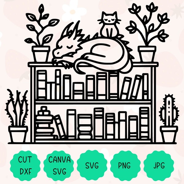 Bookshelf Dragon Graphic | Gift for Plant Lovers, Bookworms, & Fantasy Readers | Svg, Png, Dxf Cut File, Jpg | High Quality Instant Download