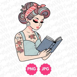 1950s Tattoo Reader PNG | Gift for Bookworms, Reading Gift | Cute Trendy Bookish Retro Vintage Housewife Graphic Clipart Sublimation Design