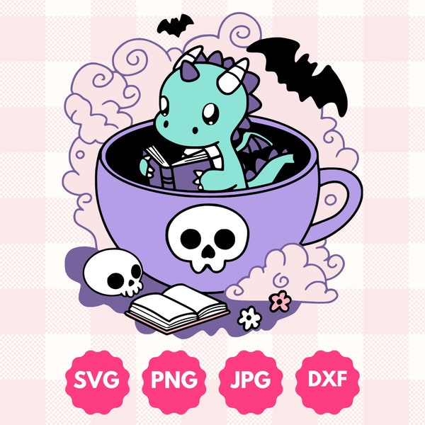 Spooky Dragon Reading Graphic | Book Lovers, Bookworms, Fantasy Readers Gift | Trendy Bookish Cottagecore Halloween Teacup Skull Svg Png Dxf