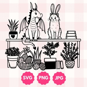 Etagère de Pâques avec dragon graphique | Cadeau pour rats de bibliothèque et lecteurs fantastiques, coloriage imprimable, plantes livresques chat dragon lecteur Svg Png