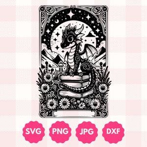 Bookish Dragon Tarot Kartengrafik | Geschenk für Leseratten, Fantasy Leser Geschenk | Kawaii Mystisch Drache Leser Wildblumen | Schneidebrett, Png, Dxf