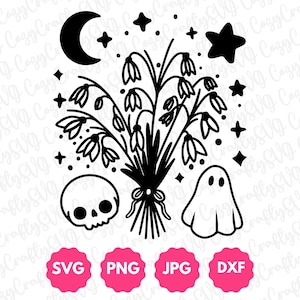 Grafica spettrale del fantasma di bucaneve / Mese di nascita di gennaio Fiore, Acquario e Capricorno Regalo, Cute Kawaii Floral Halloween Sublimation Svg Png Dxf