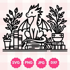 Bookshelf Dragon Graphic | Gift for Plant Lovers, Bookworms, & Fantasy Readers | Cute Bookish Succulents Dragon Reader Svg, Png, Dxf Cut