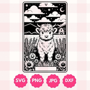 Gráfico de carta de tarot de vaca de las tierras altas, Regalo para amantes de los animales, Regalo para amantes de las vacas, Flores silvestres Mystical Kawaii Highland Cow Clipart Svg Png Dxf Cut