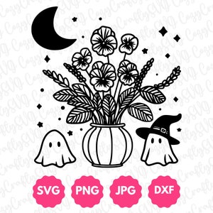 Straszne Fioletowe Duchy Graficzne | Luty Miesiąc Urodzin Kwiat, Wodnik i Ryby Prezent, Uroczy Kawaii Kwiatowy Halloween Sublimacja Svg Png Dxf