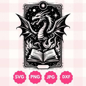 Gráfico del Tarot del Dragón / Regalo para amantes de los libros, regalo para lectores de fantasía / Carta del Tarot del Dragón Místico para lectores de libros / Archivo de corte Svg, Png, Dxf