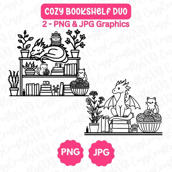 Cozy Bookshelf PNG Bundle | 2 Line Art Graphics | Fantasy Readers Plant Lovers Gift | Reading Cats Yarn Knitting Succulents Book Dragon