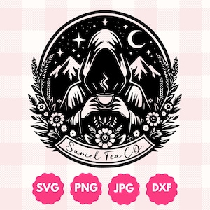 Suriel Tea Co Grafik | Geschenk für Bücherwürmer, Fantasy-Leser Geschenk, Bücherwurm Celestial Boho Wildblumen Teetasse ACOTAR Inspiriert SVG Png Dxf Schnitt