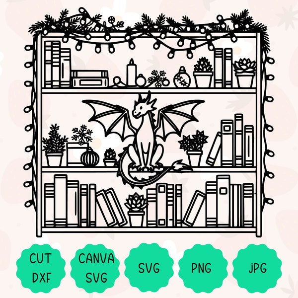 Christmas Bookshelf Dragon Graphic | Xmas Gift for Book Lovers, Bookworms, & Fantasy Readers | Bookish Dragon Reader Svg, Png, Dxf Cut File