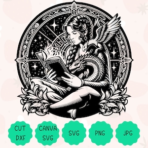 Dragon Reader Grafik | Geschenk für Leseratten, Fantasy Leser Geschenk | Celestial Mystical Dragon Leserbuch | Svg, Png, Dxf Schnittdatei, Jpg